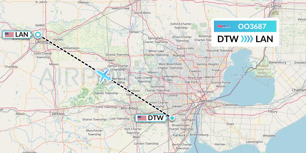 OO3687 SkyWest Airlines Flight Map: Detroit to Lansing