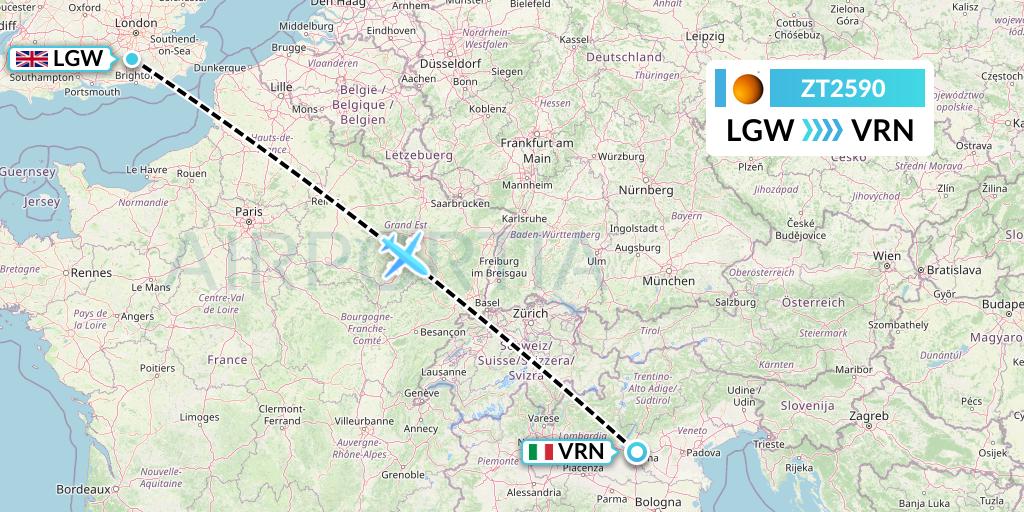 ZT2590 Titan Airways Flight Map: London to Verona