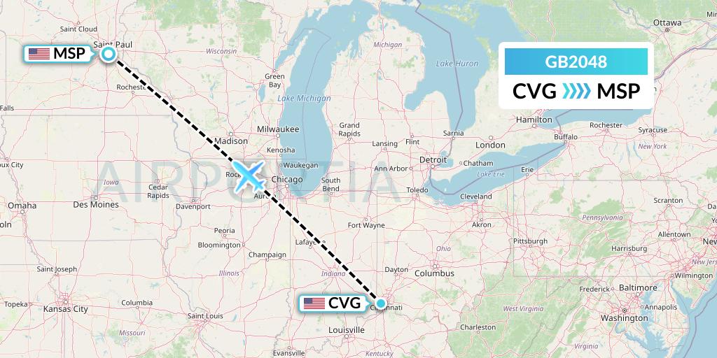 GB2048 ABX Air Flight Map: Cincinnati to Minneapolis
