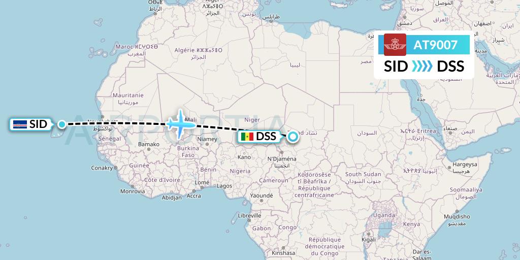 AT9007 Royal Air Maroc Flight Map: Espargos to Dakar