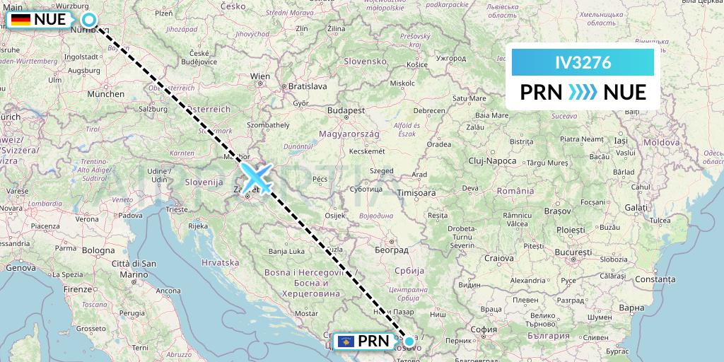 IV3276 VVB Aviation Malta Flight Map: Pristina to Nurnberg