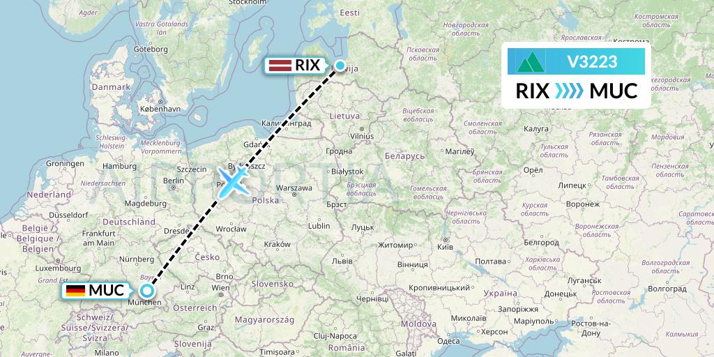 V3223 Carpatair Flight Map: Riga to Munich
