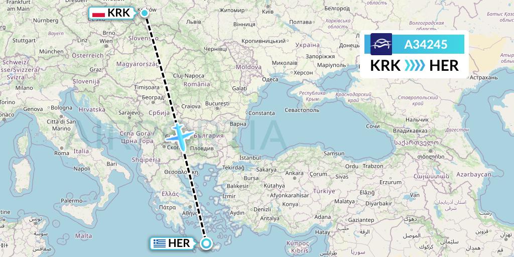 A34245 Aegean Airlines Flight Map: Krakow to Heraklion