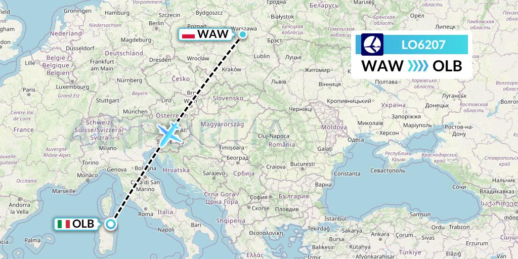 LO6207 LOT Flight Map: Warsaw to Olbia