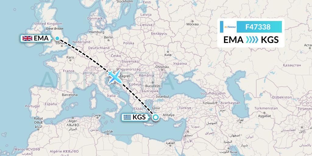 F47338 Air Flamenco Flight Map: East Midlands to Kos