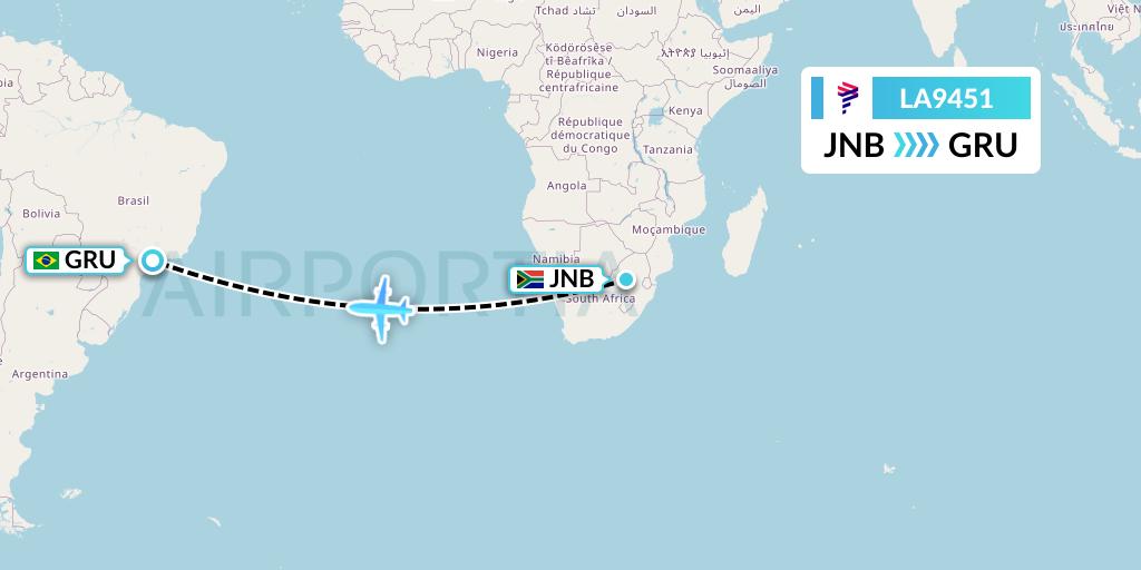 LA9451 LAN Airlines Flight Map: Johannesburg to Sao Paulo