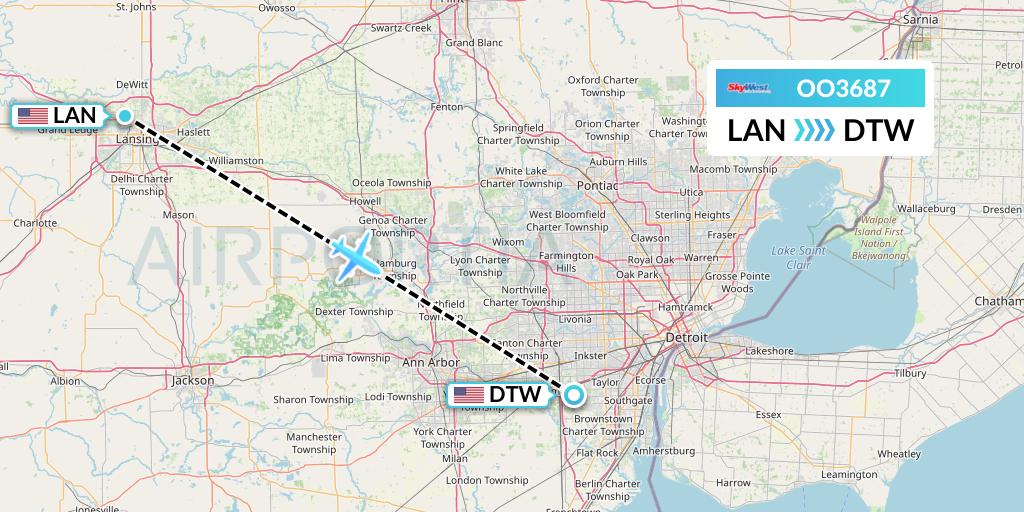 OO3687 SkyWest Airlines Flight Map: Lansing to Detroit