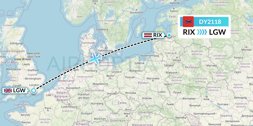DY2118 Norwegian Flight Map: Riga to London