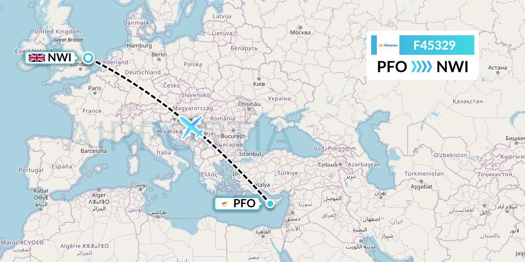 F45329 Air Flamenco Flight Map: Pafos to Norwich