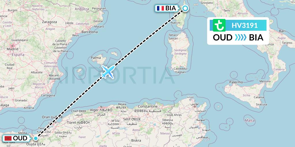 HV3191 Transavia Flight Map: Oujda to Bastia