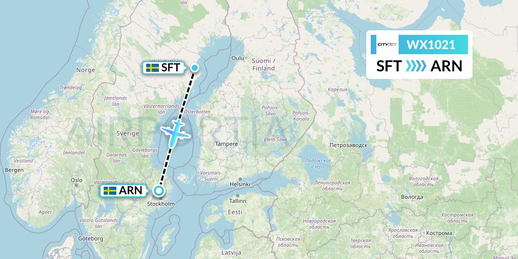 WX1021 Cityjet Flight Map: Skelleftea to Stockholm