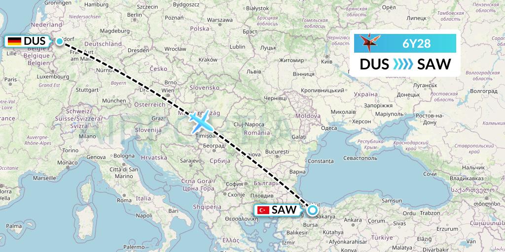 6Y28 SmartLynx Flight Map: Dusseldorf to Istanbul