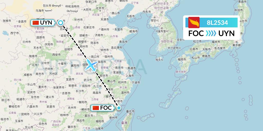 8L2534 Lucky Air Flight Map: Fuzhou to Yulin