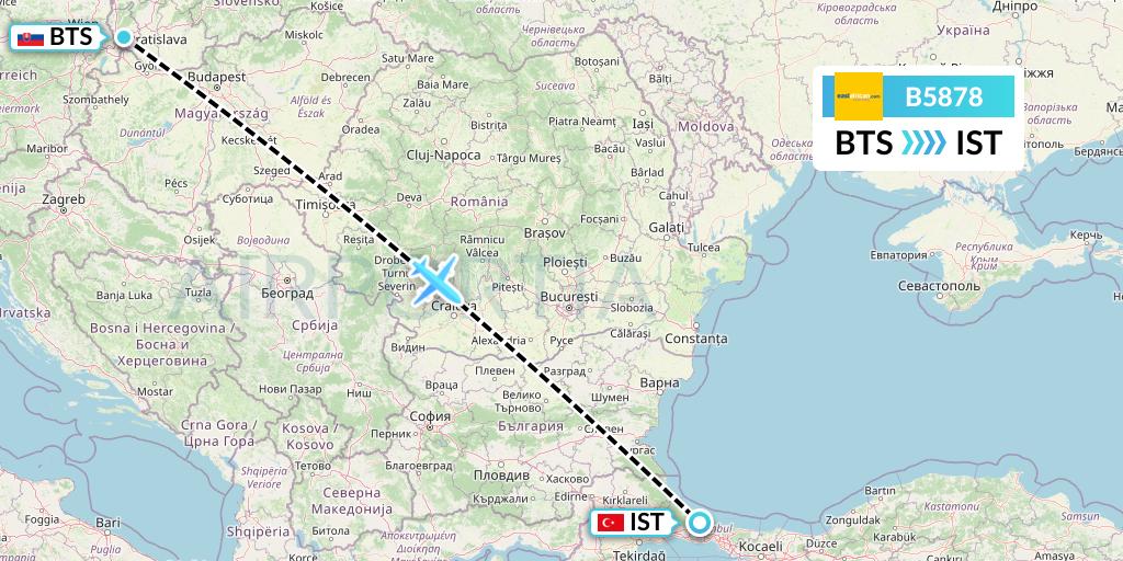 B5878 Fly SAX Flight Map: Bratislava to Istanbul