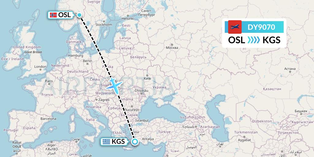 DY9070 Norwegian Flight Map: Oslo to Kos