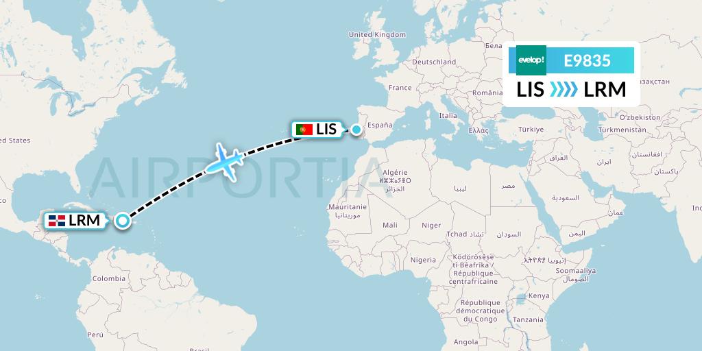 E9835 Evelop Airlines Flight Map: Lisbon to La Romana