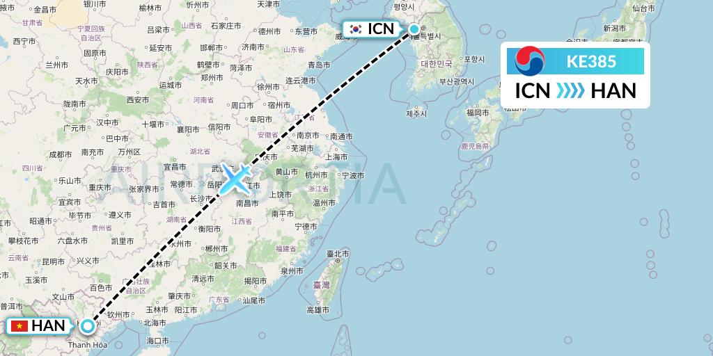 KE385 Korean Air Flight Map: Seoul to Hanoi