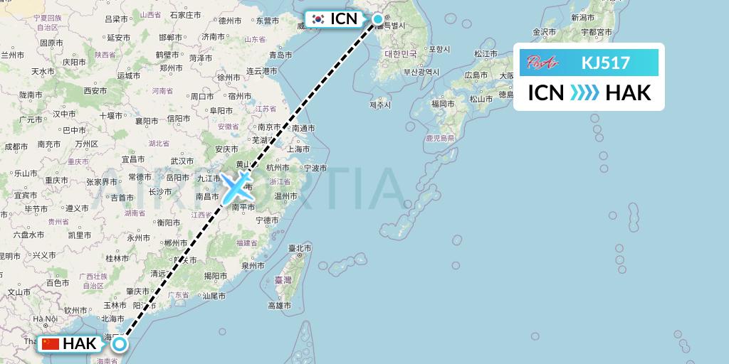 KJ517 Air Incheon Flight Map: Seoul to Haikou