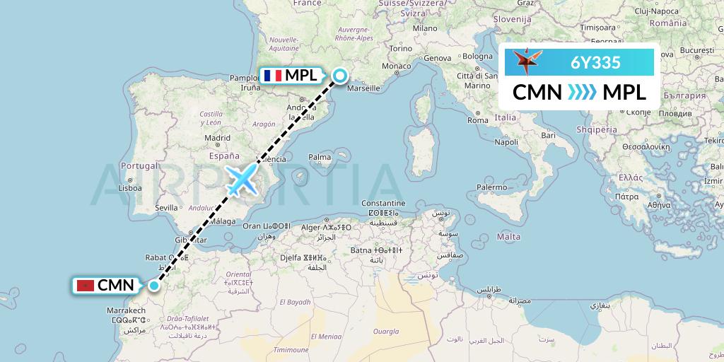 6Y335 SmartLynx Flight Map: Casablanca to Montpellier