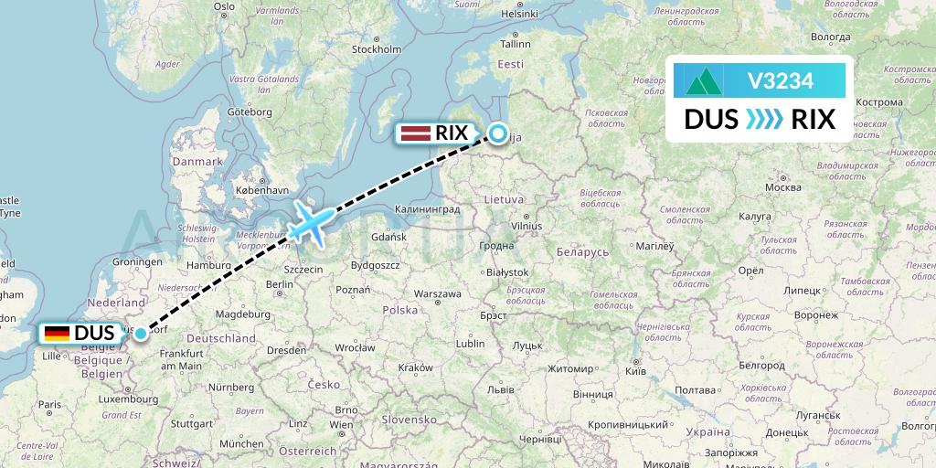V3234 Carpatair Flight Map: Dusseldorf to Riga