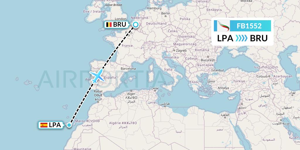 FB1552 Bulgaria Air Flight Map: Las Palmas to Brussels