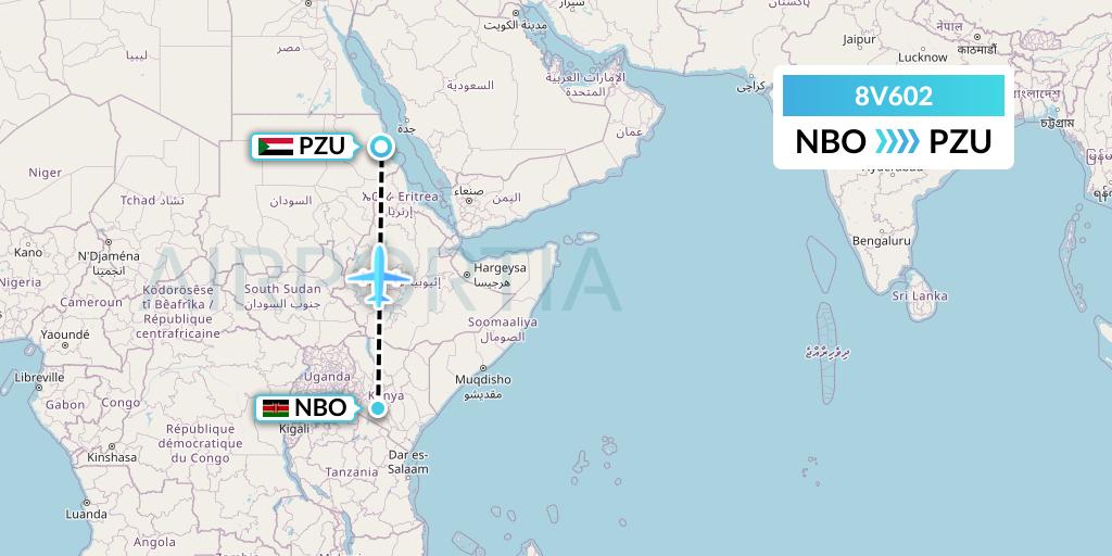 8V602 Wright Air Service Flight Map: Nairobi to Port Sudan