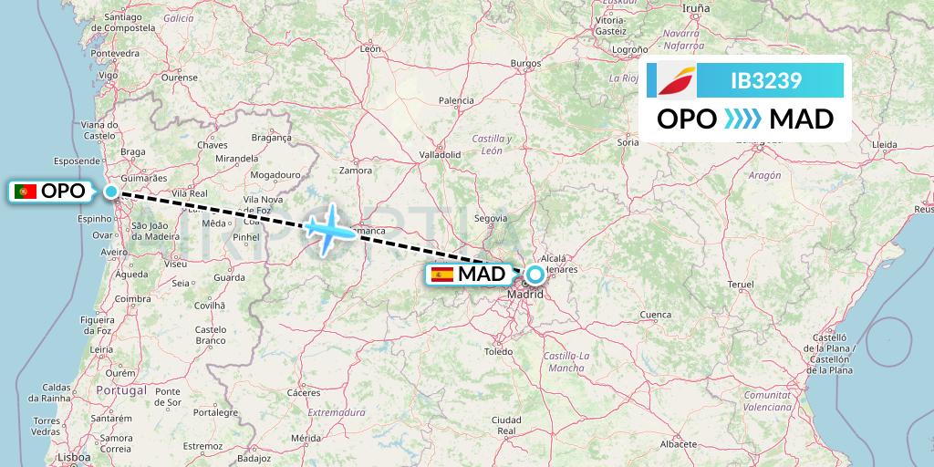IB3239 Iberia Flight Map: Porto to Madrid