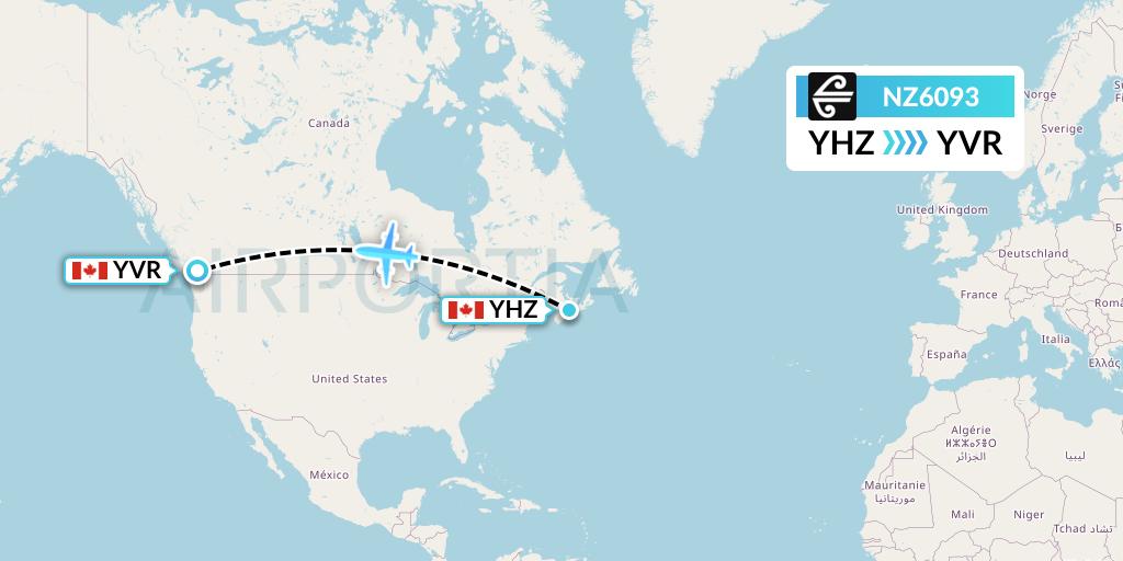NZ6093 Air New Zealand Flight Map: Halifax to Vancouver