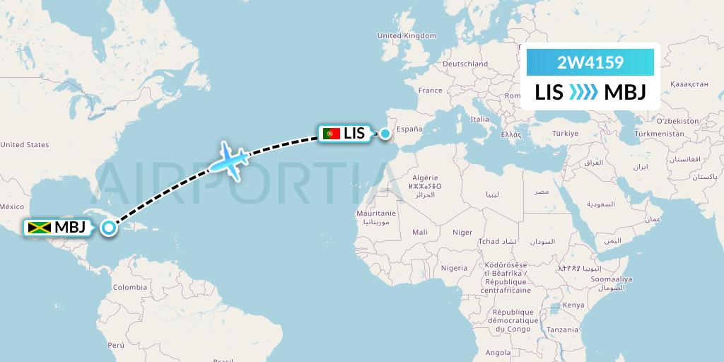 2W4159 World 2 Fly Flight Map: Lisbon to Montego Bay