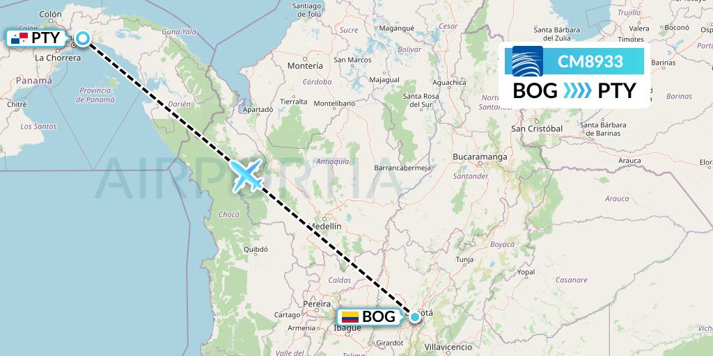 CM8933 Copa Airlines Flight Map: Bogota to Panama City