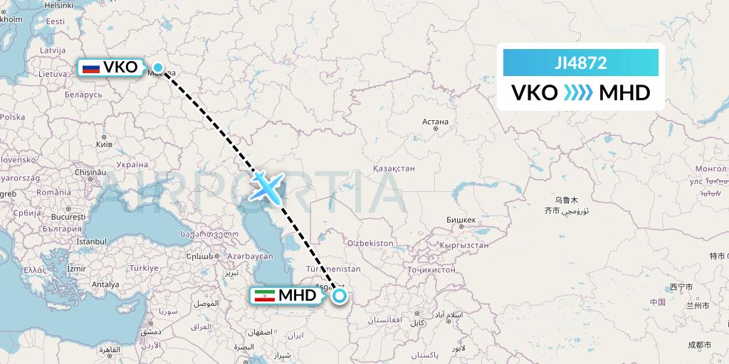 JI4872 Armenian Airlines Flight Map: Moscow to Mashhad