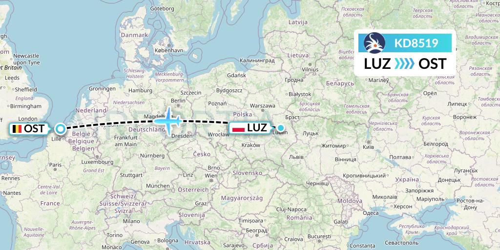 KD8519 KalStar Aviation Flight Map: Lublin to Ostend