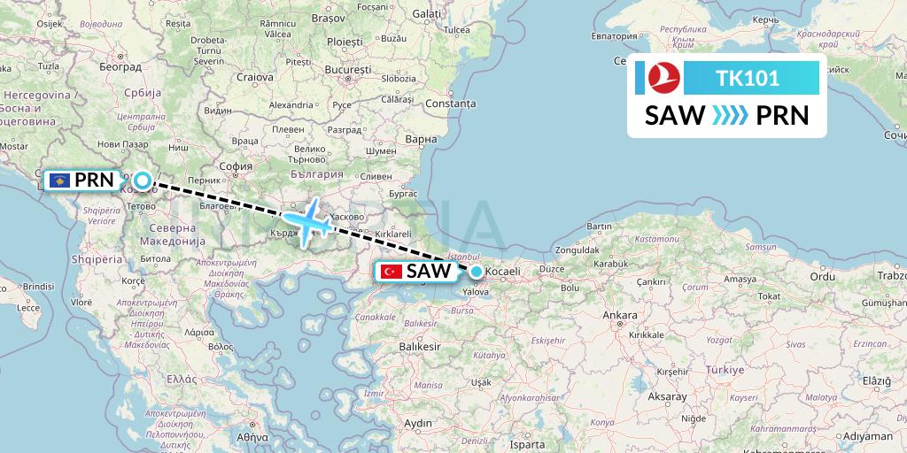 TK101 Turkish Airlines Flight Map: Istanbul to Pristina