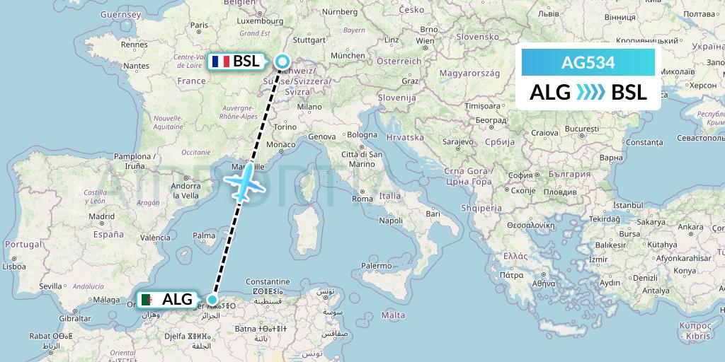 AG534 Aruba Airlines Flight Map: Algiers to Basel