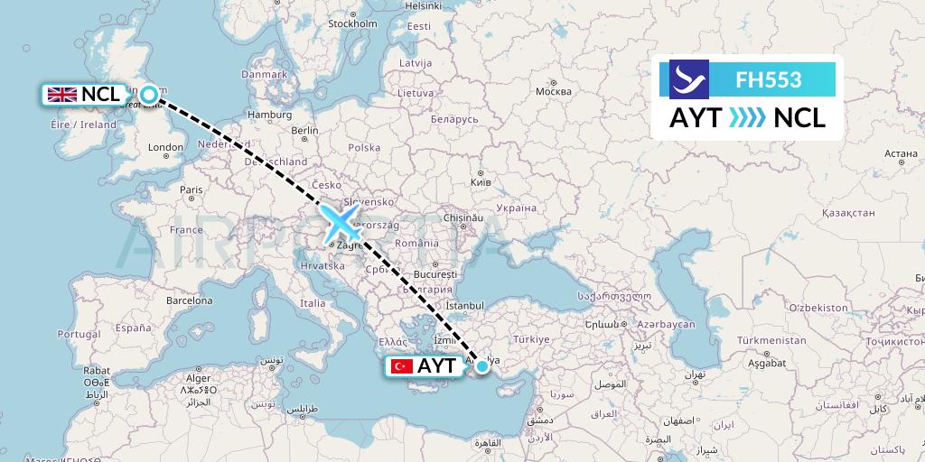FH553 Freebird Airlines Flight Map: Antalya to Newcastle