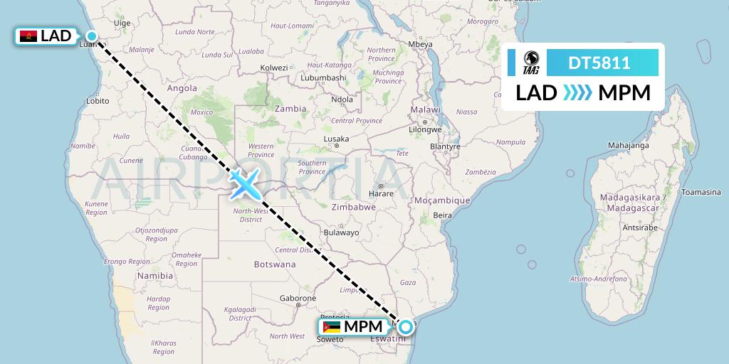 DT5811 TAAG Angola Airlines Flight Map: Luanda to Maputo