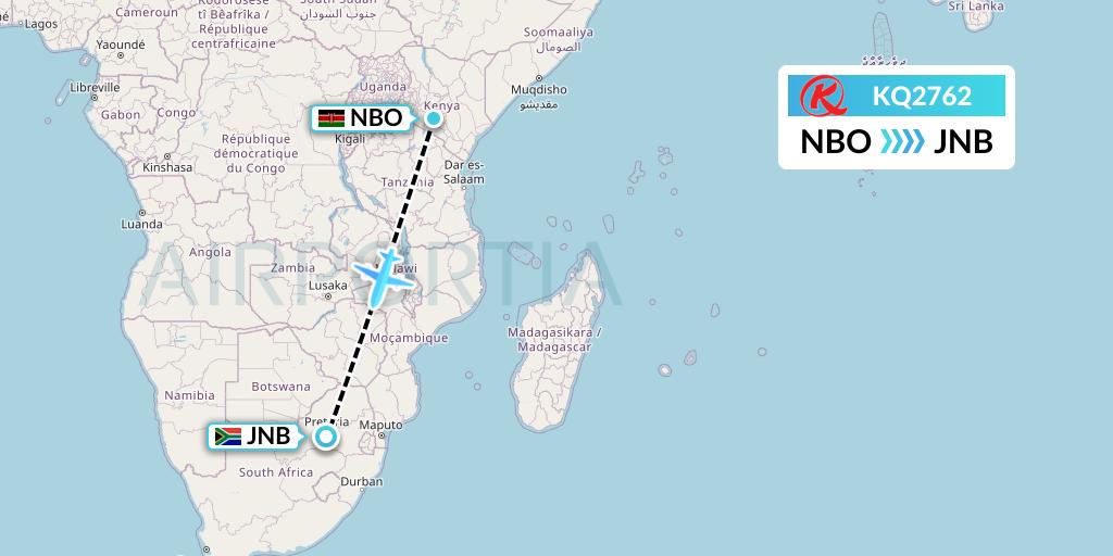 KQ2762 Kenya Airways Flight Map: Nairobi to Johannesburg