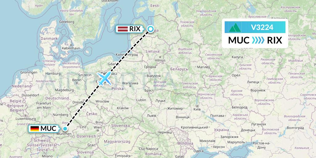 V3224 Carpatair Flight Map: Munich to Riga