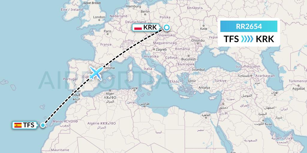 RR2654 Royal Air Force Flight Map: Tenerife to Krakow