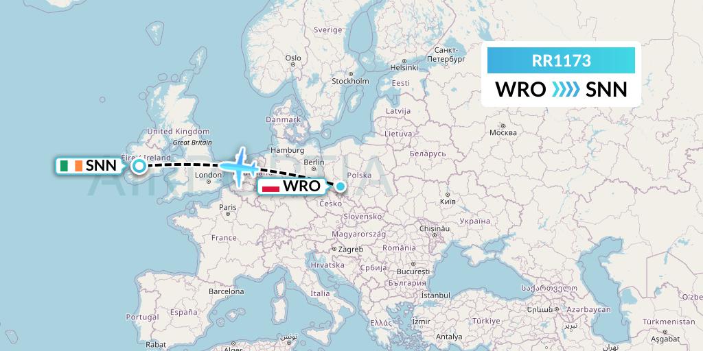 RR1173 Royal Air Force Flight Map: Wroclaw to Shannon