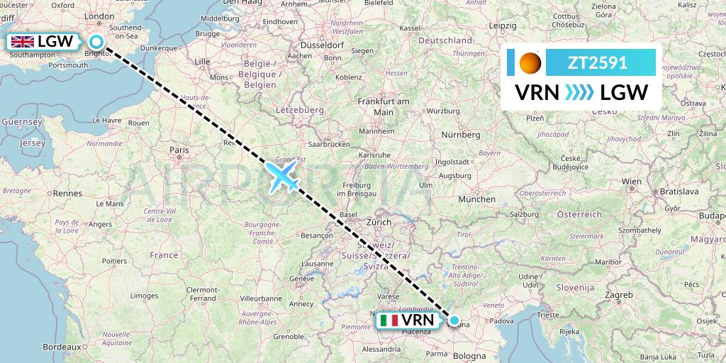 ZT2591 Titan Airways Flight Map: Verona to London