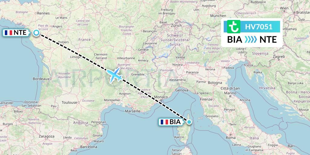 HV7051 Transavia Flight Map: Bastia to Nantes