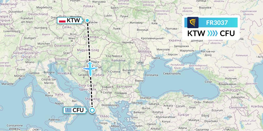 FR3037 Ryanair Flight Map: Katowice to Corfu