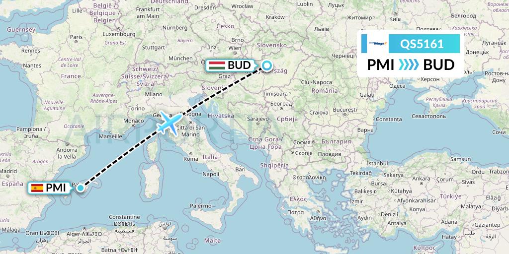 QS5161 Smartwings Flight Map: Palma de Mallorca to Budapest