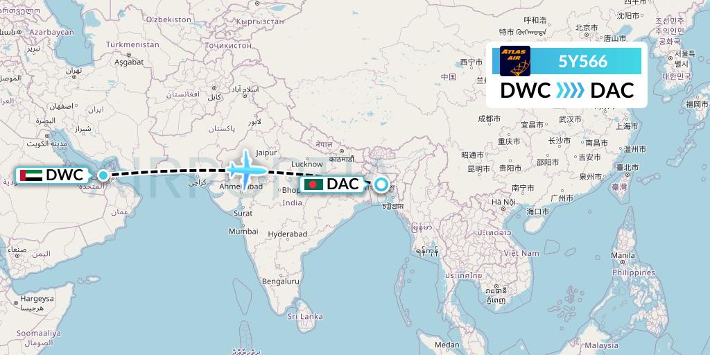 5Y566 Atlas Air Flight Map: Dubai to Dhaka