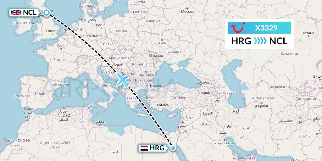 X3329 TUI fly Germany Flight Map: Hurghada to Newcastle
