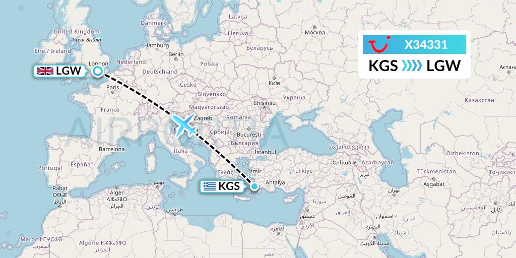 X34331 TUI fly Germany Flight Map: Kos to London