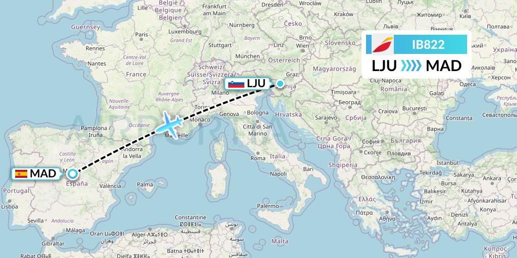 IB822 Iberia Flight Map: Ljubljana to Madrid