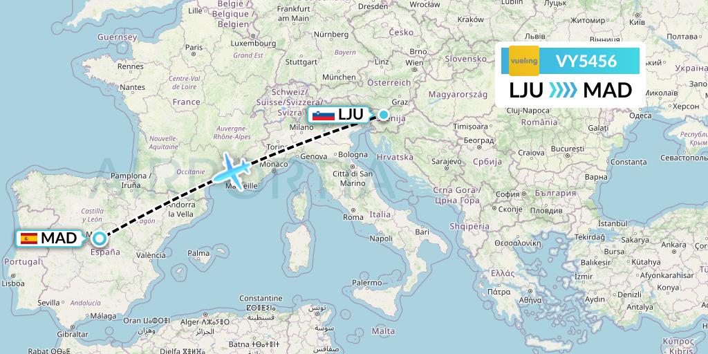 VY5456 Vueling Flight Map: Ljubljana to Madrid
