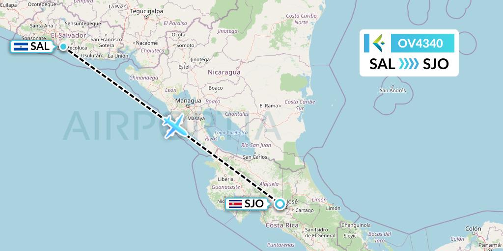 OV4340 SalamAir Flight Map: San Salvador to San Jose